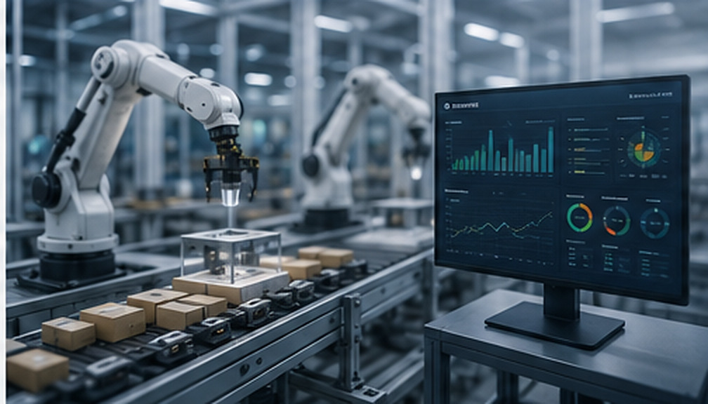Robotic arms working alongside a live production dashboard