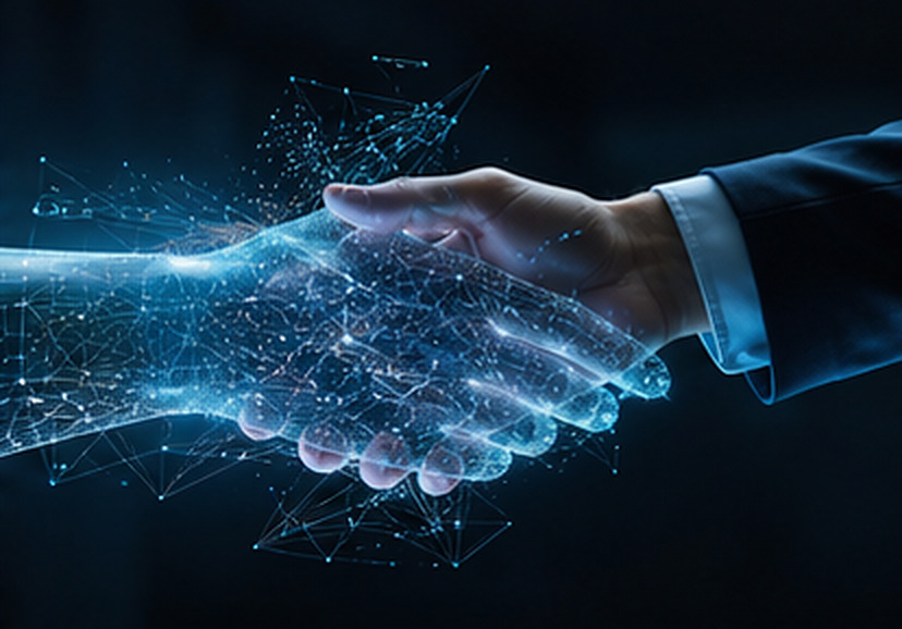Handshake between a person and a digitally rendered hand