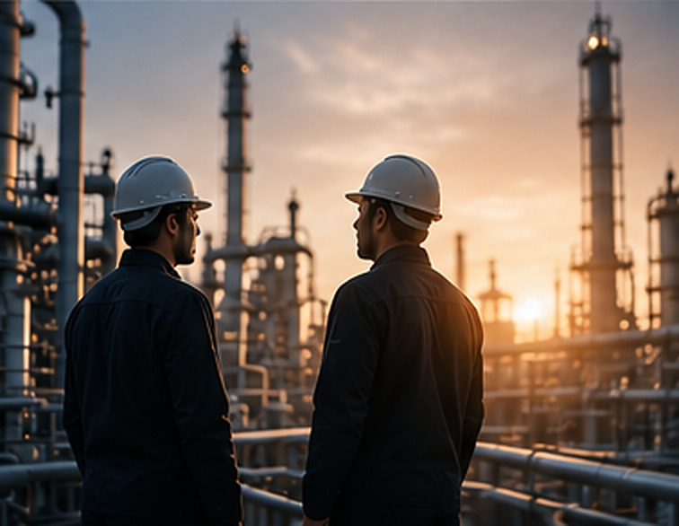 Two engineers on an industrial site at sunset