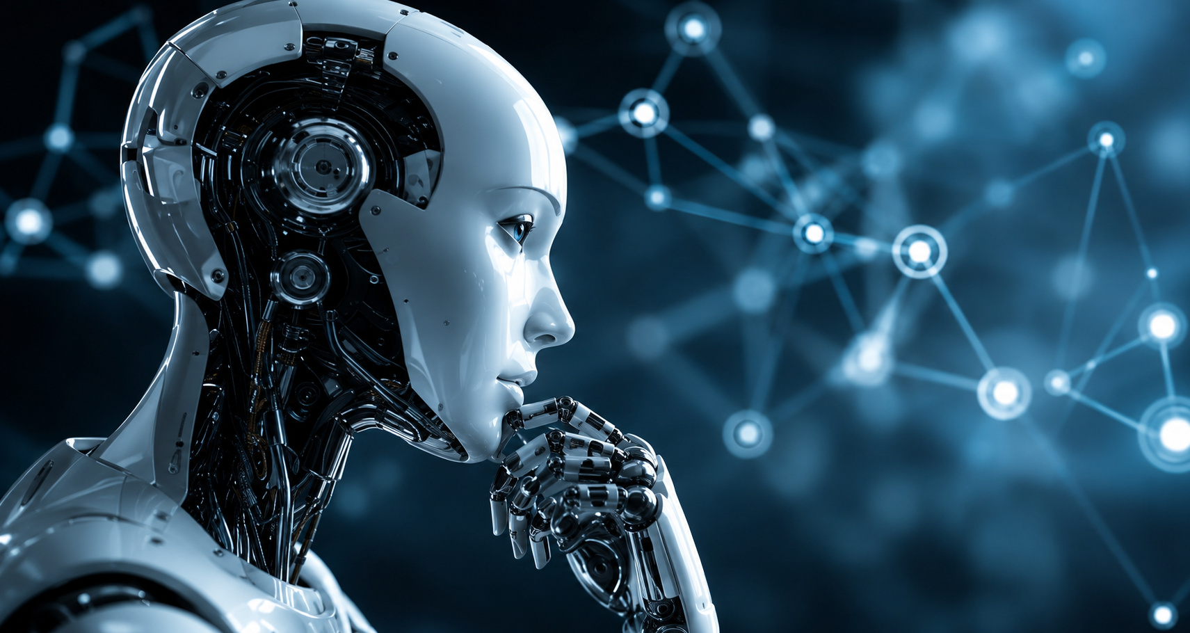 Humanoid robot in profile before a network of connected nodes