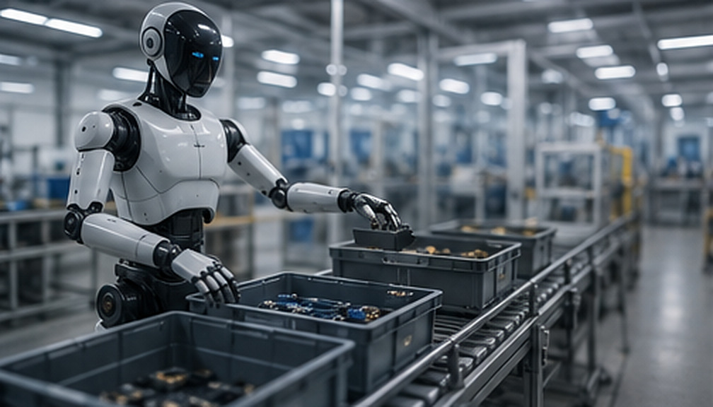 Humanoid robot handling components on a production line