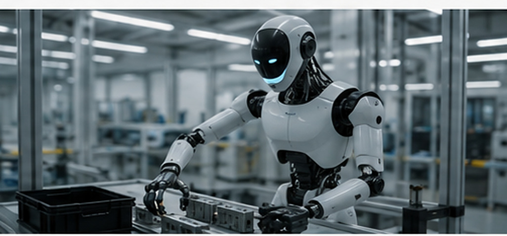 Humanoid robot working in a modern manufacturing facility