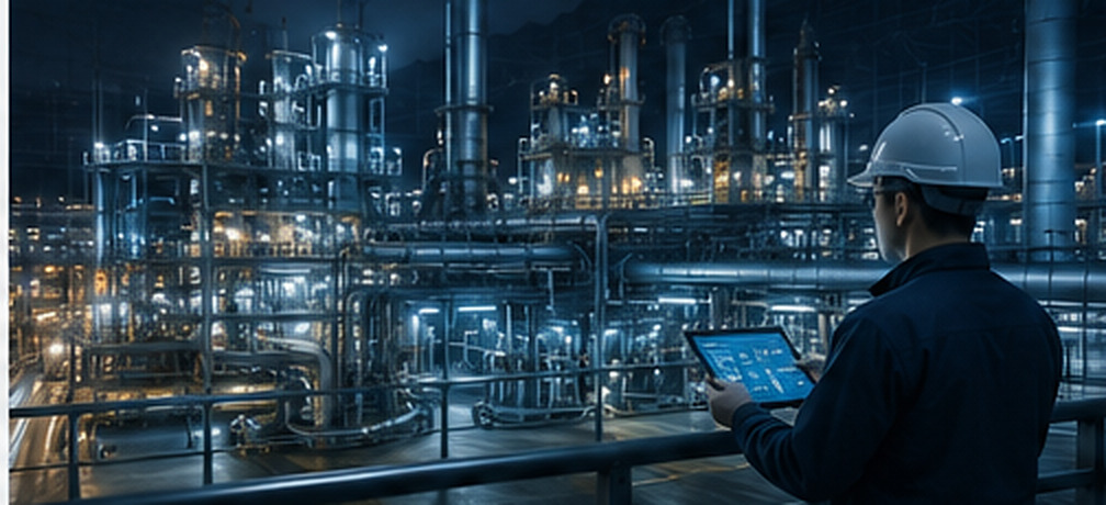 Engineer reviewing live plant data on a tablet at night
