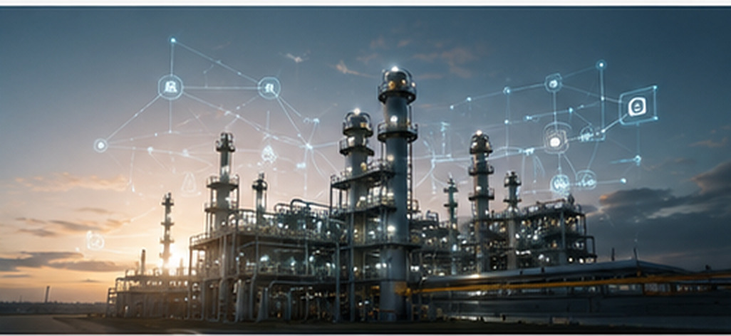 Industrial plant at dusk overlaid with a network of connected systems
