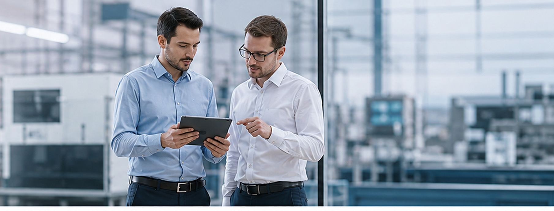 Two engineers reviewing production data on a tablet