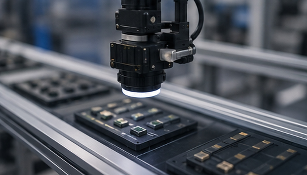 Machine vision camera inspecting circuit boards on a conveyor